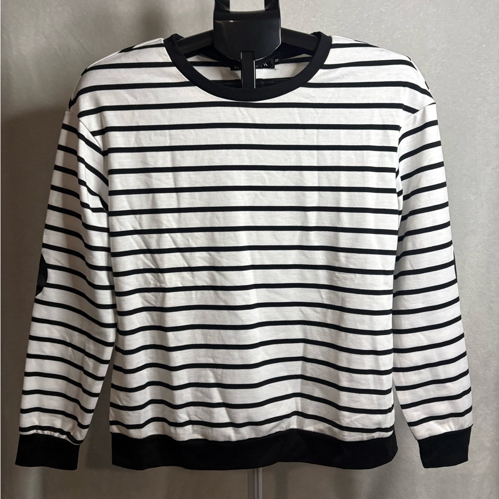 Allegra K Striped Crewneck Sweater - Black and White